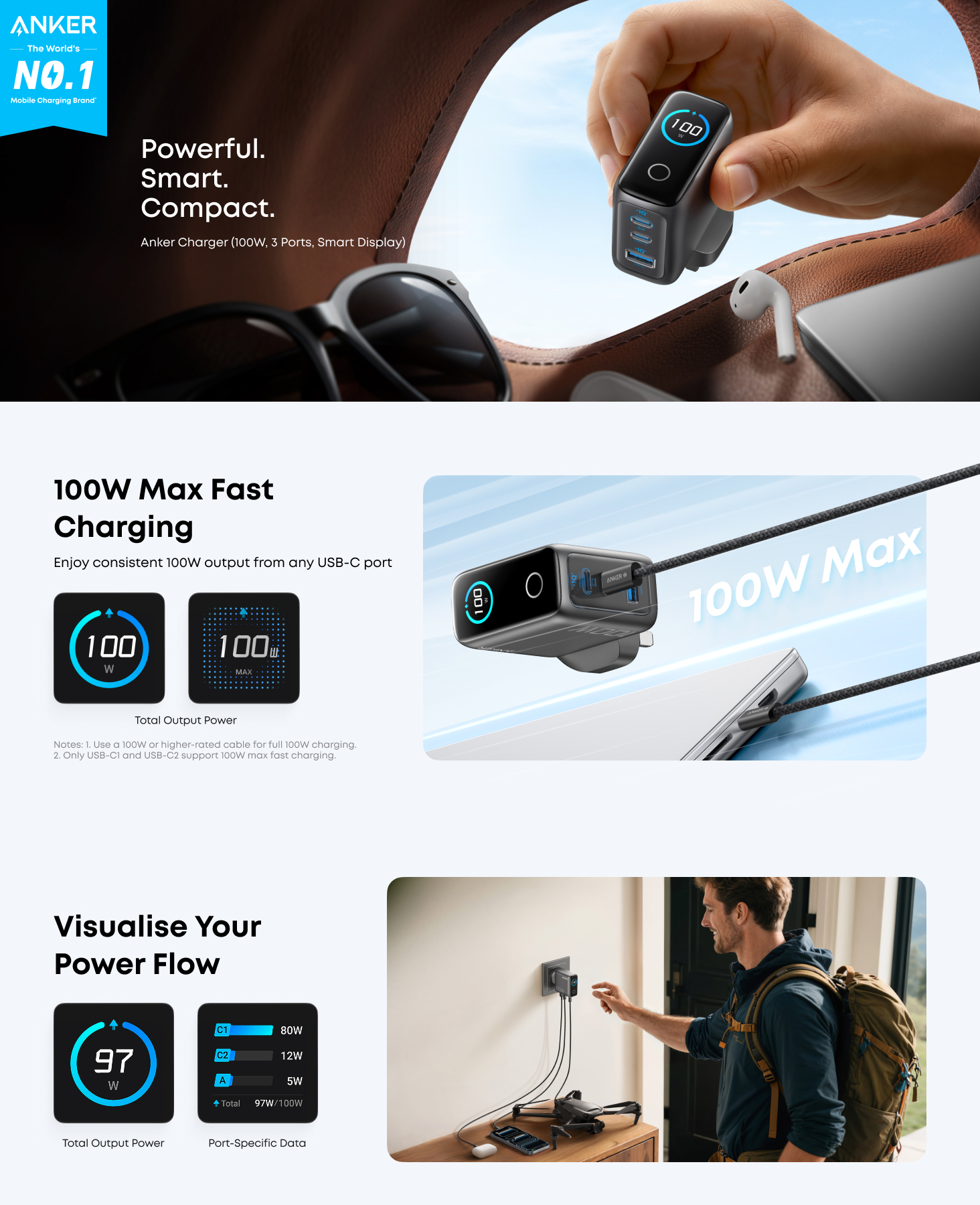 Anker 100W PD Fast Charging 3-Port GaN USB C Charger B121B