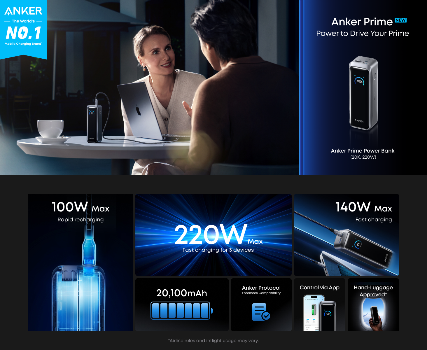 Anker Prime Power Bank 20100mAh 3-Port 220W Laptop Portable Charger A110B