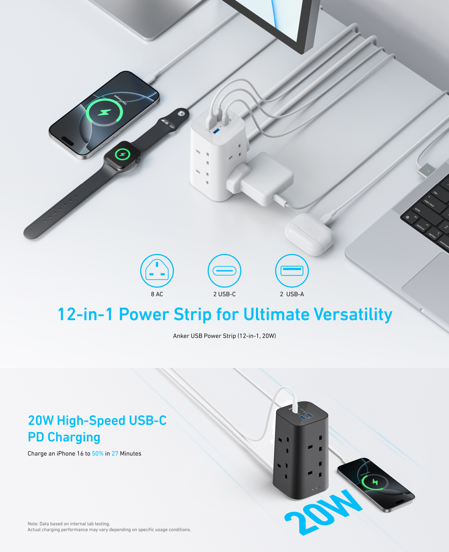 Anker Tower Extension Cord 12-in-1 Power Strip 20W Extension Plug A9185