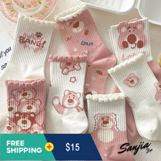 Ready Stock New Style Strawberry Bear Pink Mid-Length Socks Female Autumn Winter Cute Versatile Student Sports