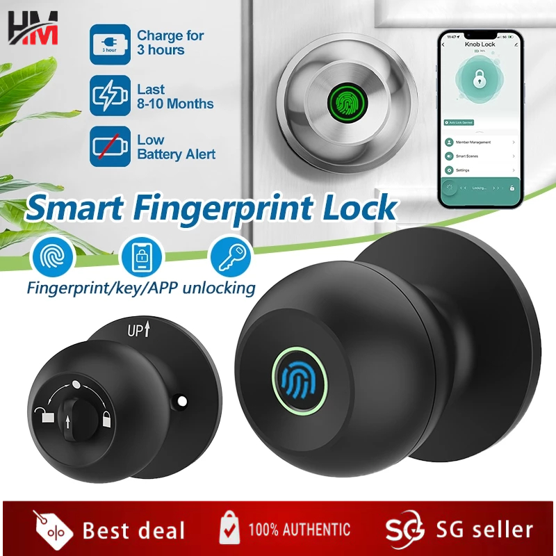 【HM】SG Stock Smart Door Knob Wifi Smart Fingerprint Door Lock Biometric Door Lock With TUYA APP Apartment/Hotel/Bedroom