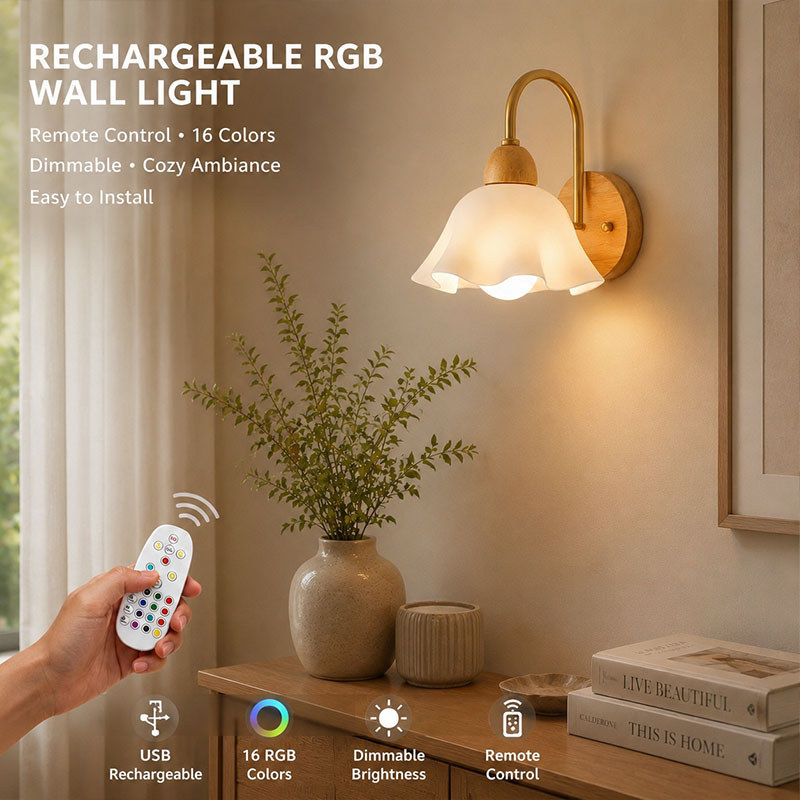 Cordless Wall Light Rgb Rechargeable Wall Sconce White Acrylic Flower Lamp Shade, Solid Wood Modern