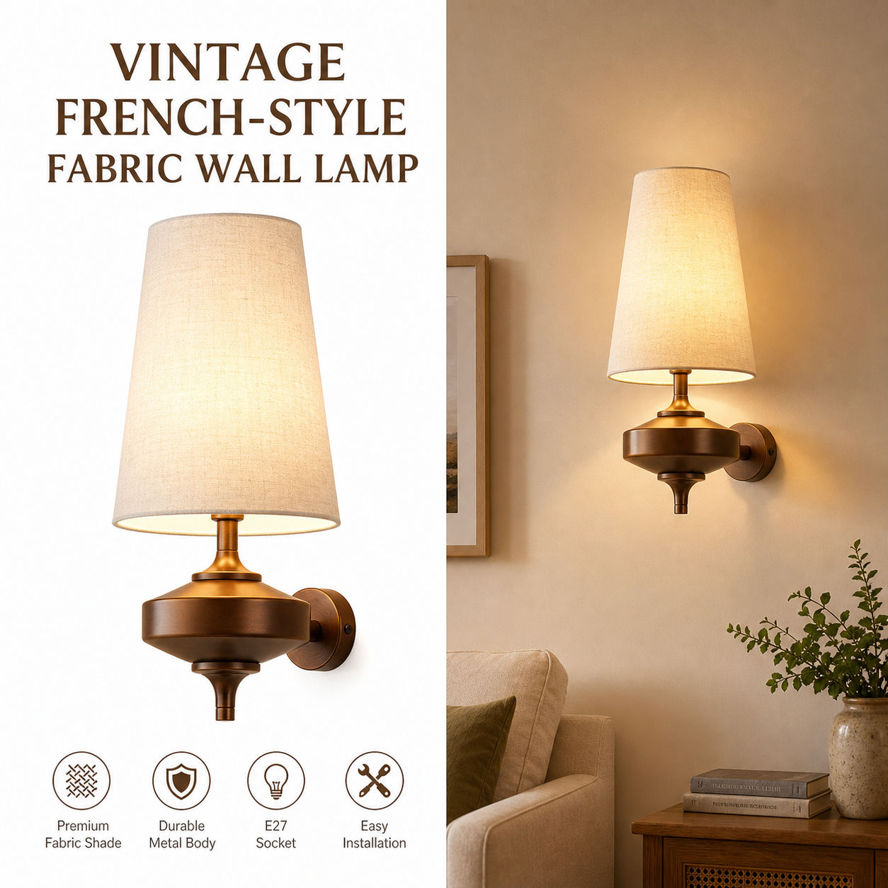 Elegant Aesthetic Solid Wood Wall Light, French Retro Mid Century Lamp Fabric Shade Sconce, Decor Li