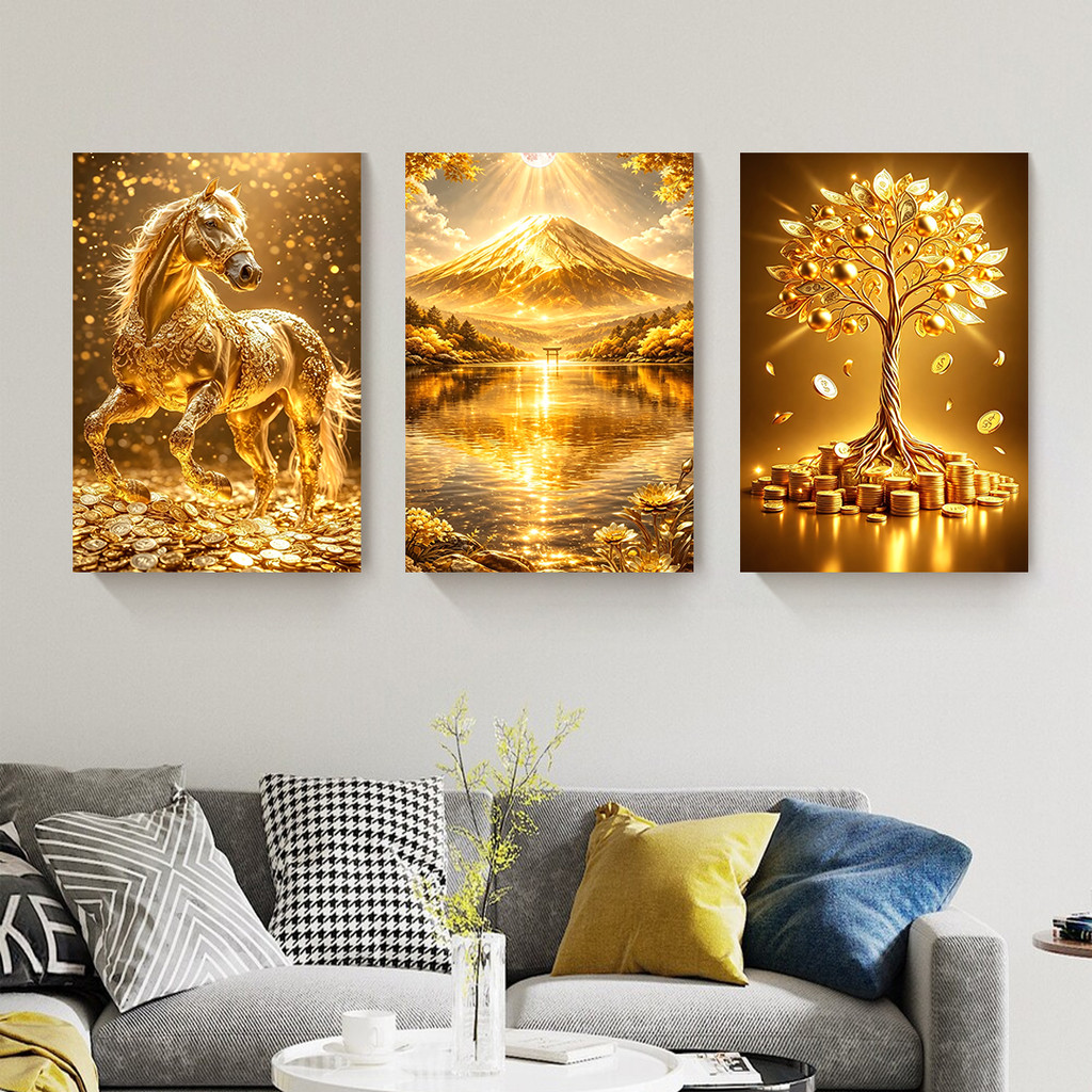 3Pcs Wall Decor Luxury Golden Horse Money Tree Lucky Deer Modern Home Wall Painting for Living Room