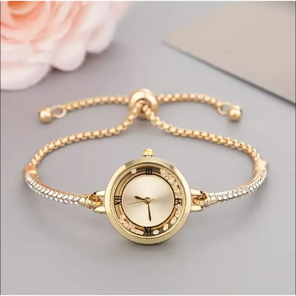 Chic Women's Bracelet Watch - Features Round Diamond Accents & Roman Numerals with Adjustable Length