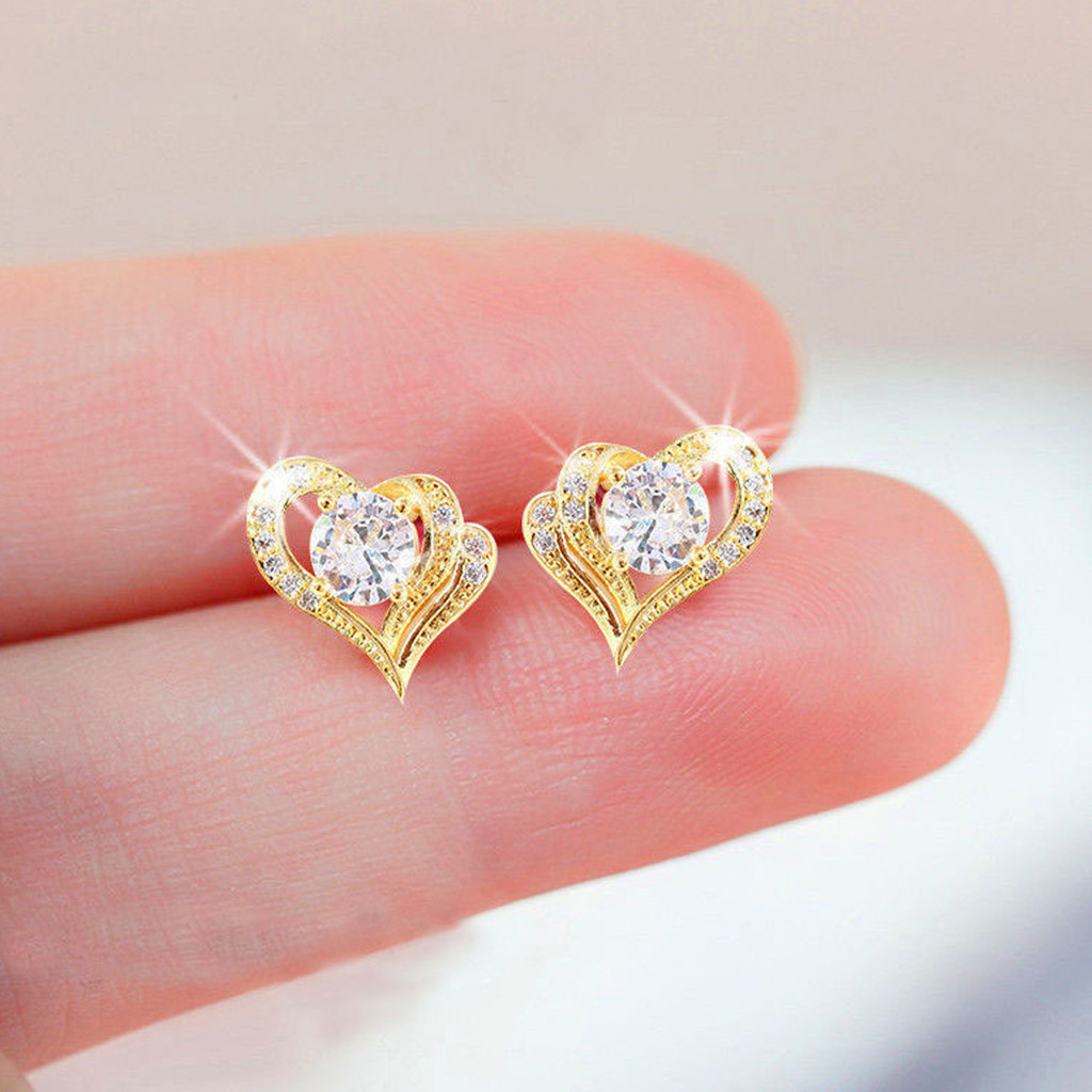 2PCS Heart Shaped Stud Earrings Gold Silver Minimalist Chic Sparkling Jewelry