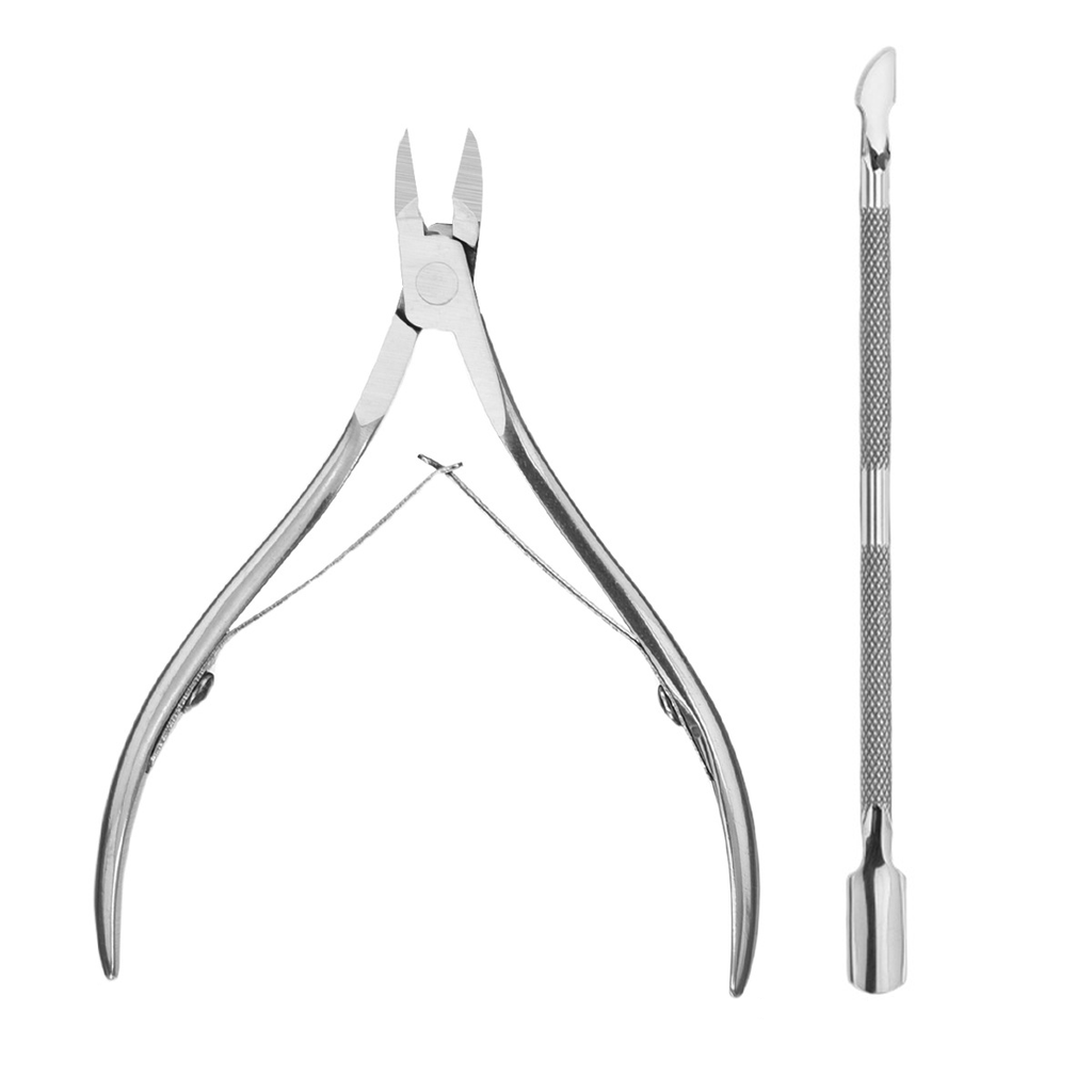 2-piece silver stainless steel nail clipper and cuticle pusher set for manicure.