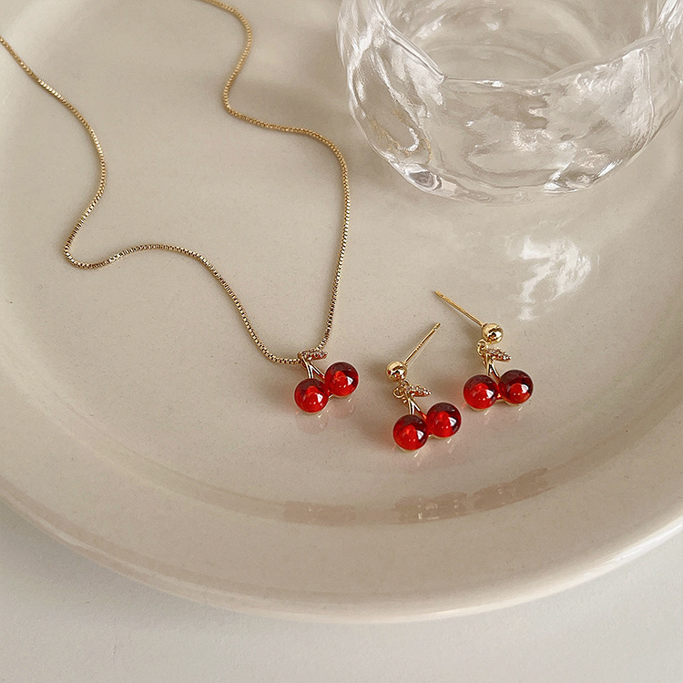 New Year Red Cherry Garnet Necklace Earrings Women Unique Design Accessories New Trendy Choker