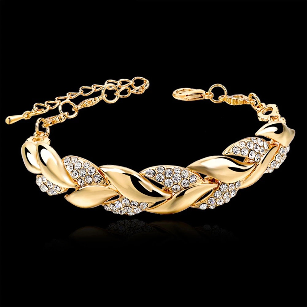 New Year Alloy Crystal Leaf Bracelet for Women - Gold Color Bangles Bracelet
