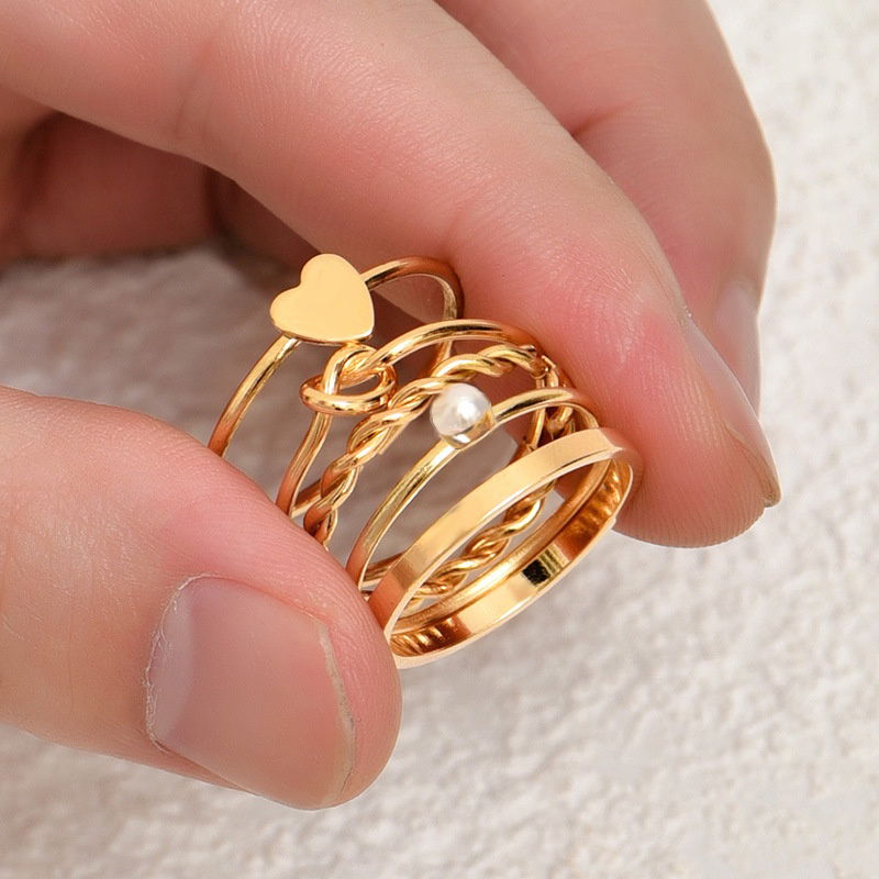 Simple Heart Pearl Rings Women Creative Knot Twisted Band Stacking Jewelry Set for New Year Accessor