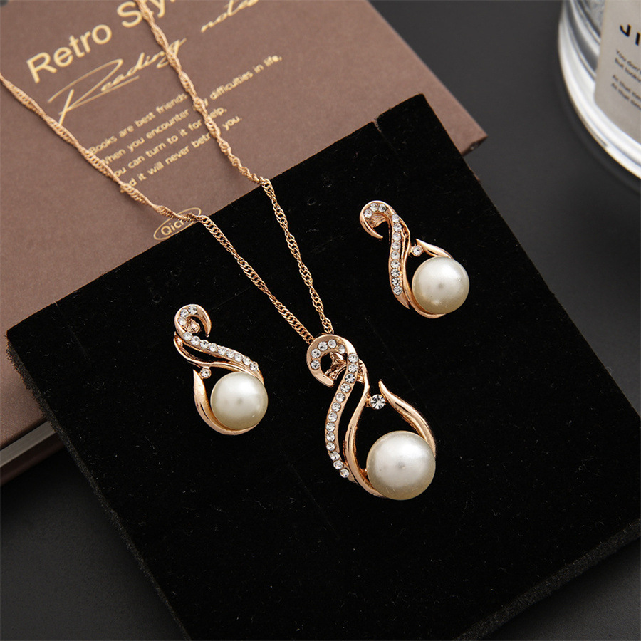 Infinity Pearl Jewelry Set for Women Geometric Diamond Necklace Earrings Wedding Bridal Gift