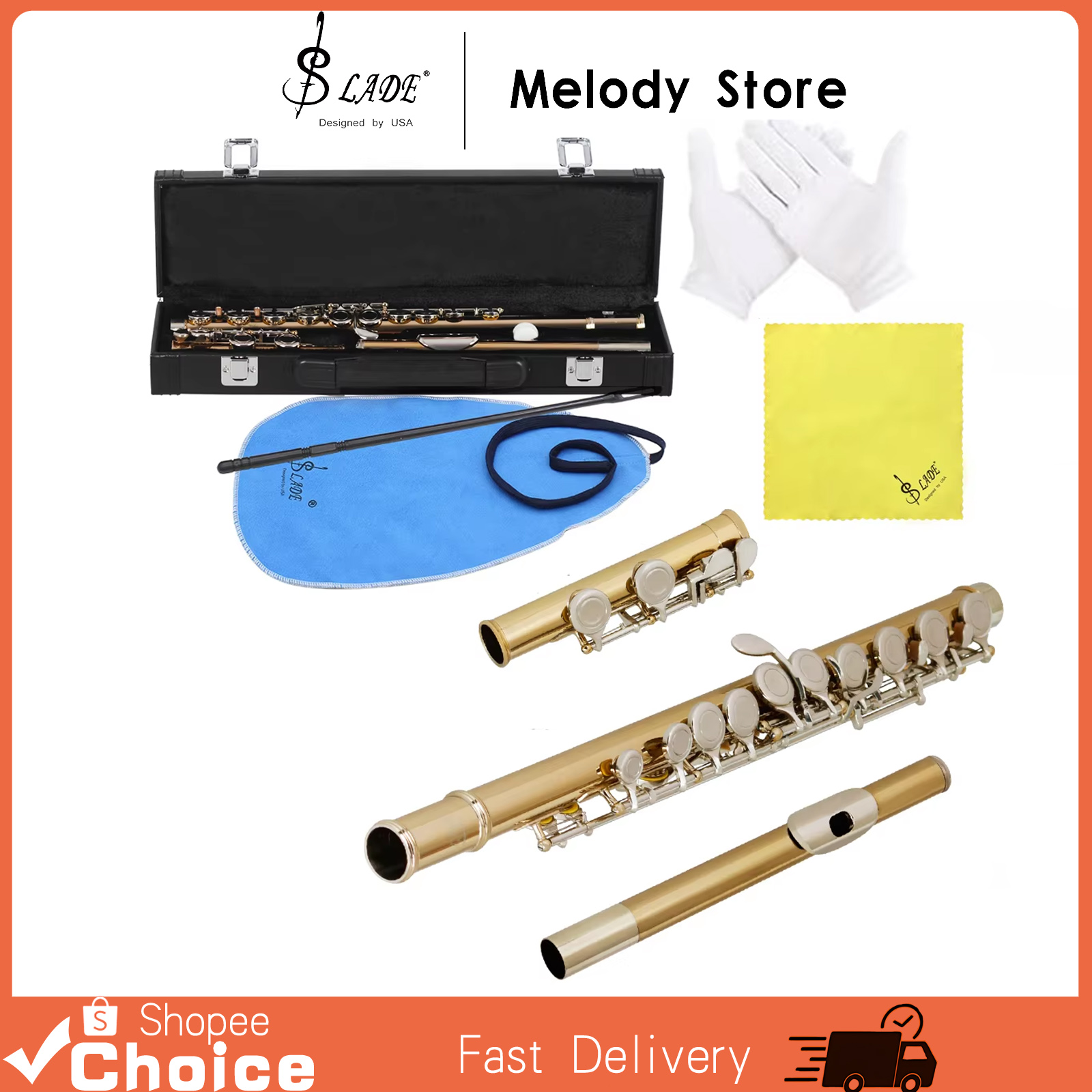 SLADE 16 Holes Gold Silver Flute Close Key Add The E Key For Beginner Student With Cleaning Kit Case