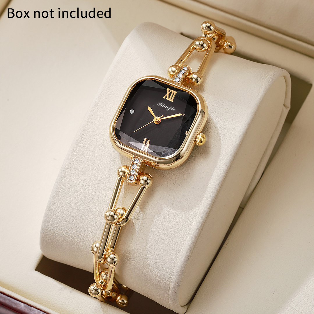 Women's Gold-tone Square Black Dial Crystal Bracelet Quartz Watch Elegant Fashion Wristwatch