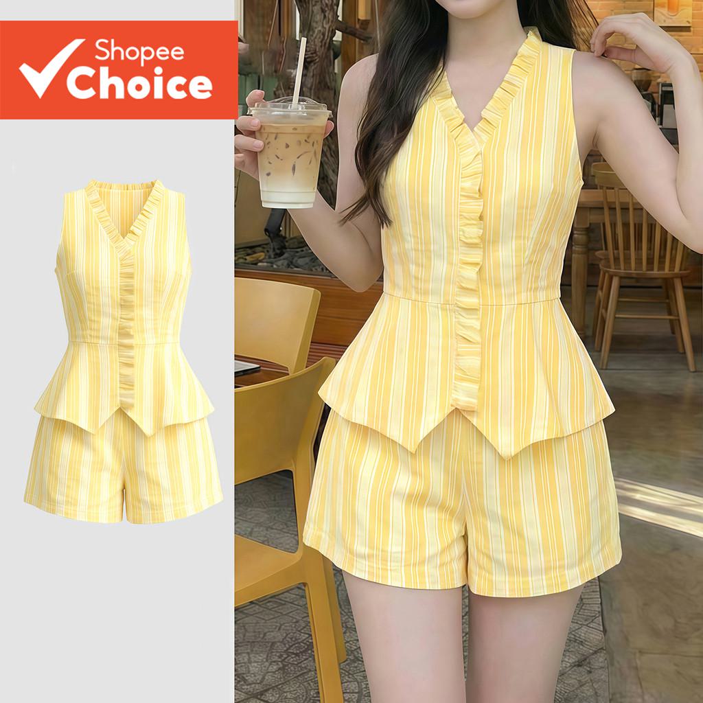 Lovito Women Casual Tops or Bottoms Ruffle Side Stripe Leisure Slightly Sheer Spring/summer Yellow T