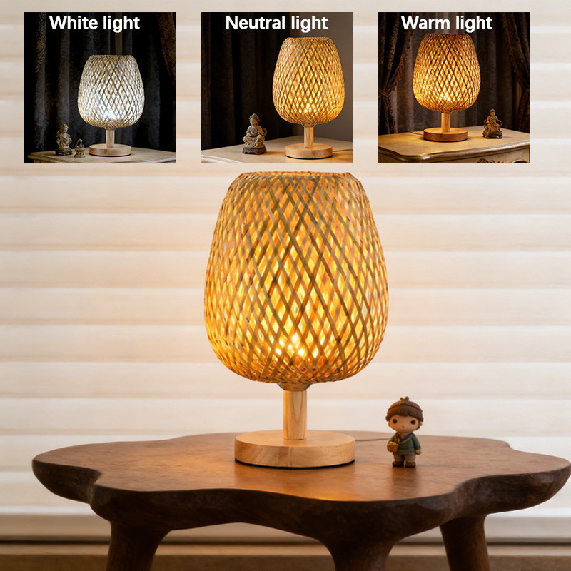 Handmade Natural Bamboo Woven Table Lamp, 3 Color Temperature USB LED Desk Light, Log Base Retro Boh