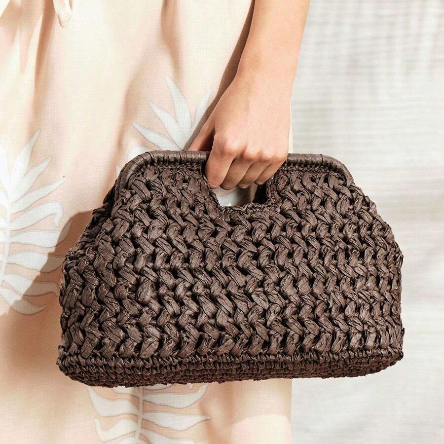 New Hollow Clasp Straw Clutch Bag, Large Capacity Beach Handbag for Seaside Vacation punk bag