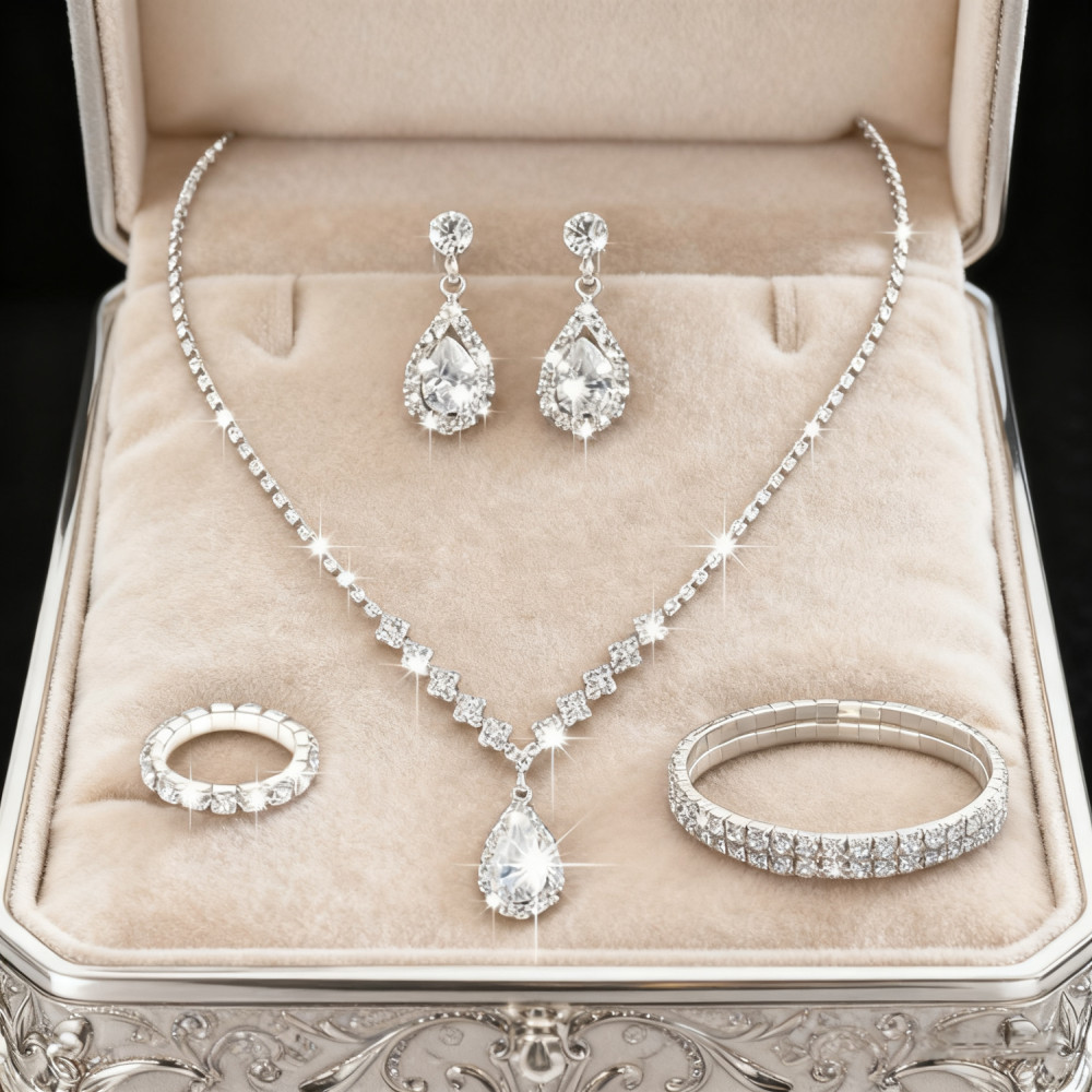 Bridal Jewelry Set Teardrop Cz Crystal Necklace Earrings Bracelet Silver Plated Wedding Accessories