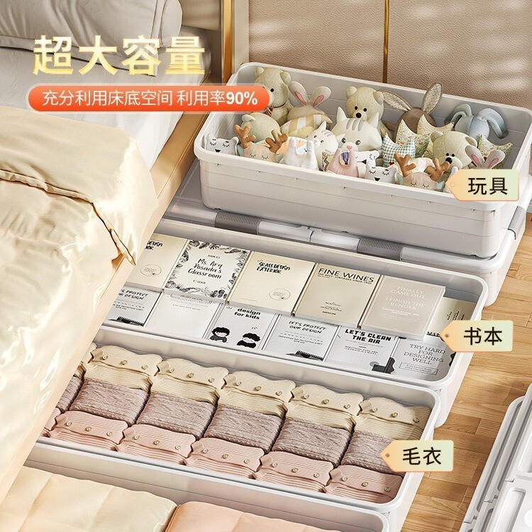 Foldable Double Flip Lid Storage Box Storage Box Bed Under Bed Storage Stackable Super Large Capacity Anti-dust Anti-mildew Bed Under Storage Box Flat with Pulley Bed Storage Handy Tool Large Capacity Super Large Transparent Clothes Dormi