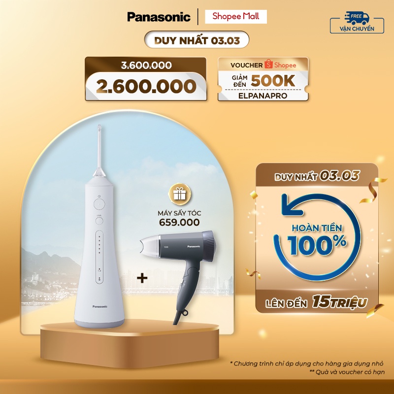 [Mã ELPANAPRO giảm 18% đến 500K]Máy Tăm Nước Cầm Tay Panasonic Công Nghệ Siêu Âm EW1511 - Làm Sạch Răng Nướu