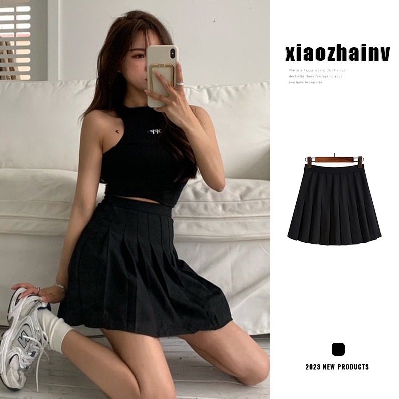 Xiaozhainv Chân Váy Ngắn Chữ A Lưng Cao Xếp Ly Phong Cách Hàn Quốc