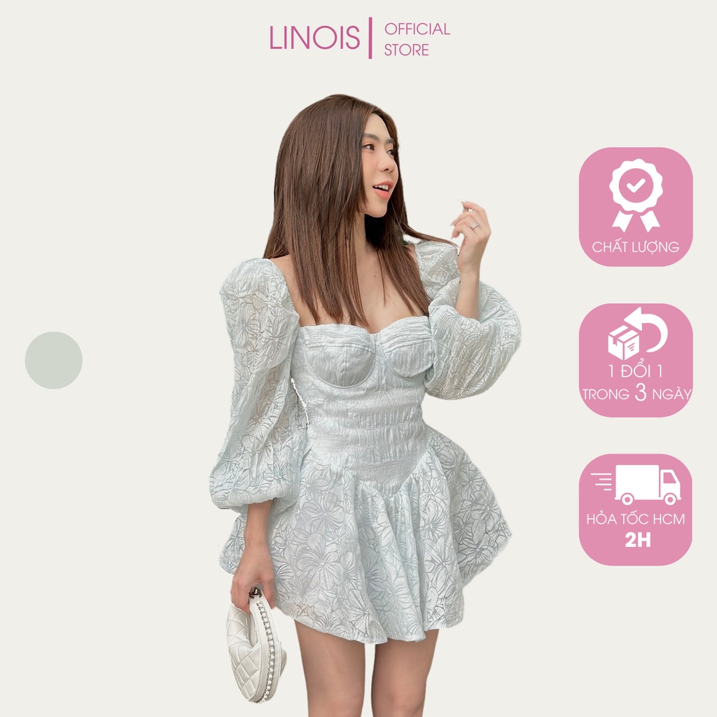[RL27] Đầm Dự Tiệc Hở Lưng Cúp Ngực Cổ Vuông Tay Dài Phồng Dáng Xòe - Vải Ren Hoa + Lót Cúp - Màu Xanh Nước Biển LINOIS