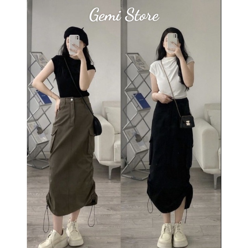 Chân Váy Dáng Dài Rút Dây Túi Hộp Vải KaKi Lên From Xinh