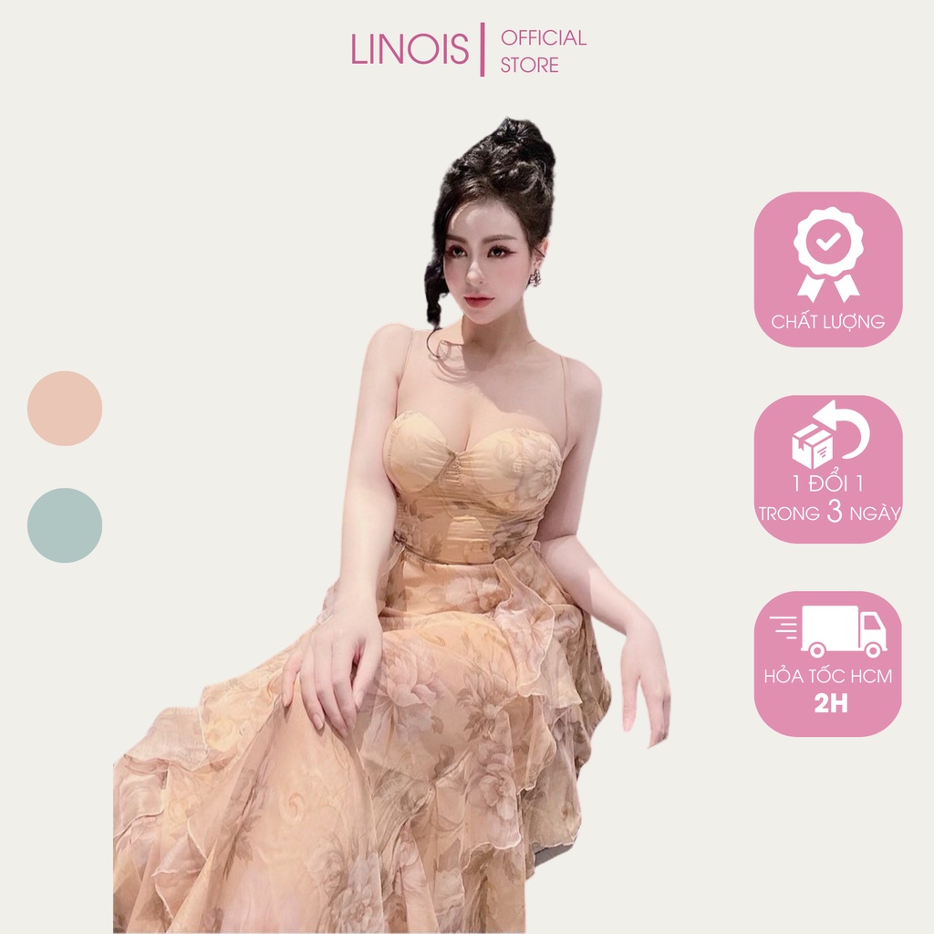 [CH13] Đầm Voan Hoa 2 Dây Đuôi Bèo Xòe Chíp Eo Nơ Lưng - Vải Voan - 2 Màu Xanh, Nude - Dành Cho Nàng Đi Chơi, Dự Tiệc