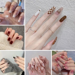 YKHMYB 24 pcs set with glue nails fake nails nail sticker long nail glue art false nails french nail fake nails with design manicure press on nails 假指甲 指甲貼 fake nails press on short nail coffin fake nails fake nails sg