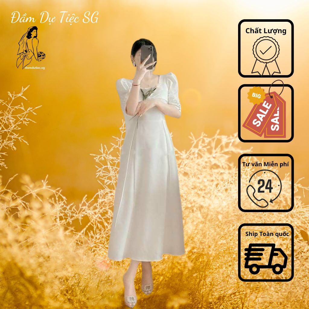 Váy Trắng Cổ Vuông Tay Bồng Nhẹ Thiết Kế Maxi Dáng Dài Cotton Đính Ngọc Điệu Đà UC-E25F-4506