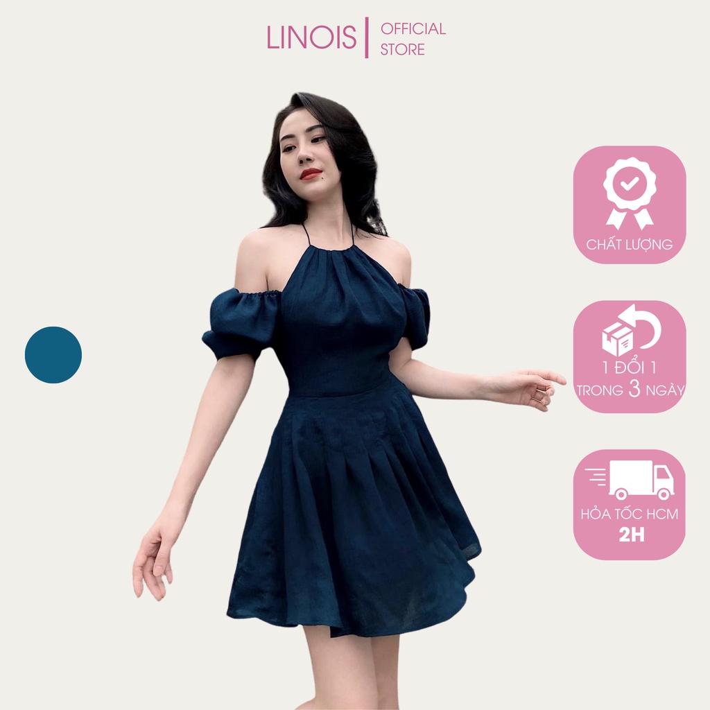 [CH27] Đầm Voan Dáng Xòe Cổ Yếm Tay Phồng Trễ Vai Bo Eo - Vải Chiffon - Màu Xanh - Dành Cho Nàng Đi Tiệc, Đi Chơi