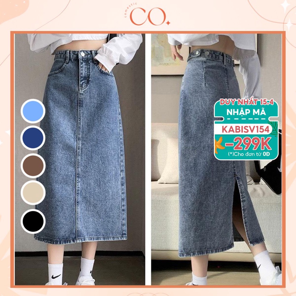 Chân váy jean dài cạp điều chỉnh độ rộng bụng phong cách, váy jean dáng dài cạp cao thanh lịch A14