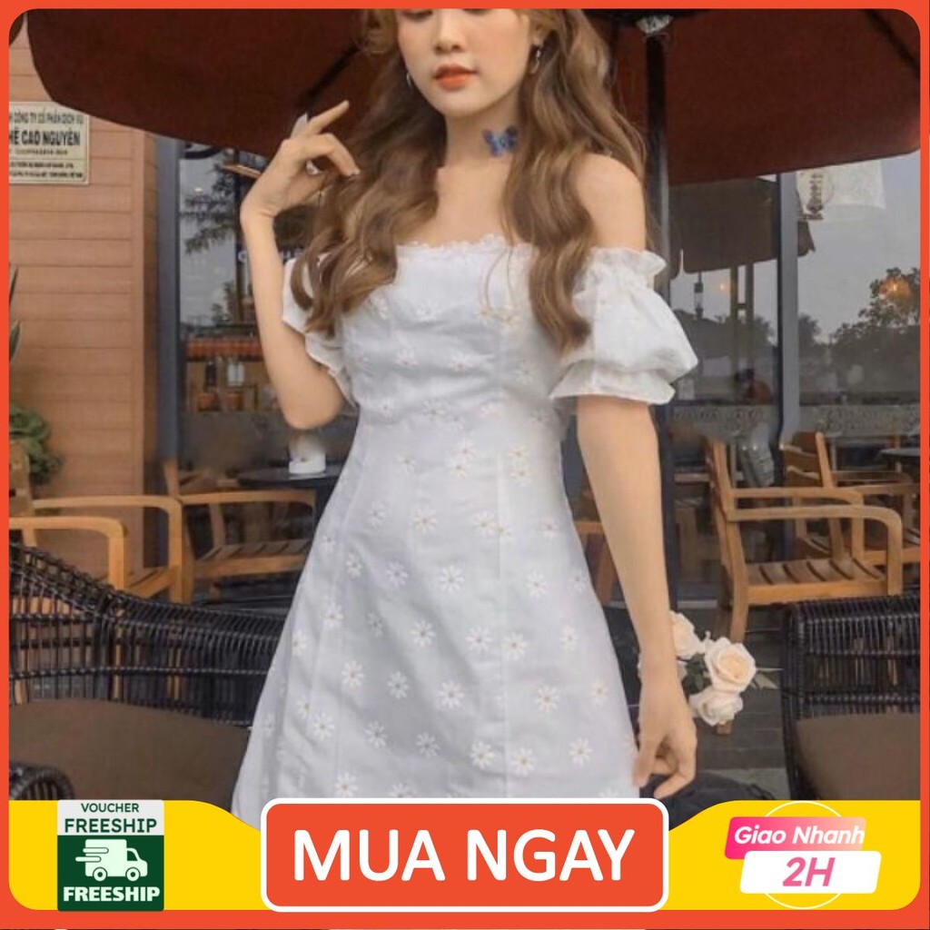 [ BAO ĐẸP NHƯ HÌNH] đầm hoa cúc trắng cổ vuông tay phồng ⚡VIDEO THẬT ⚡HÀNG SẴN DSRT1199