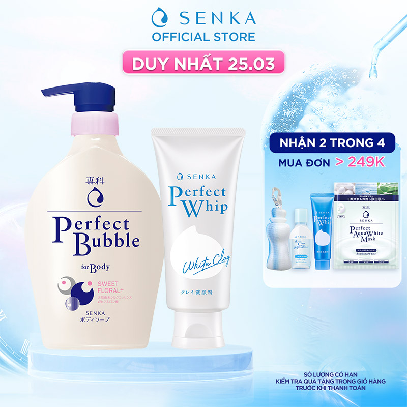Bộ đôi Senka sữa tắm hương hoa dịu ngọt 500ml và sữa rửa mặt đất sét trắng 120g