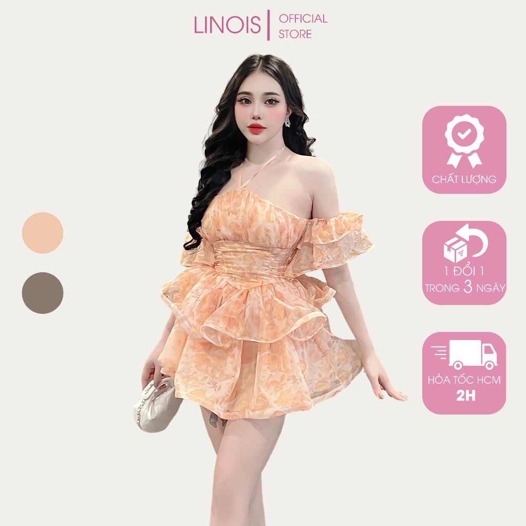 [CH39] Đầm Đi Biển, Dạo Phố Trễ Vai Cổ Yếm Dáng Xòe Tầng Tiểu Thư Voan Hoa Bo Eo - Vải Chiffon - 2 Màu Cam, Nâu LINOIS