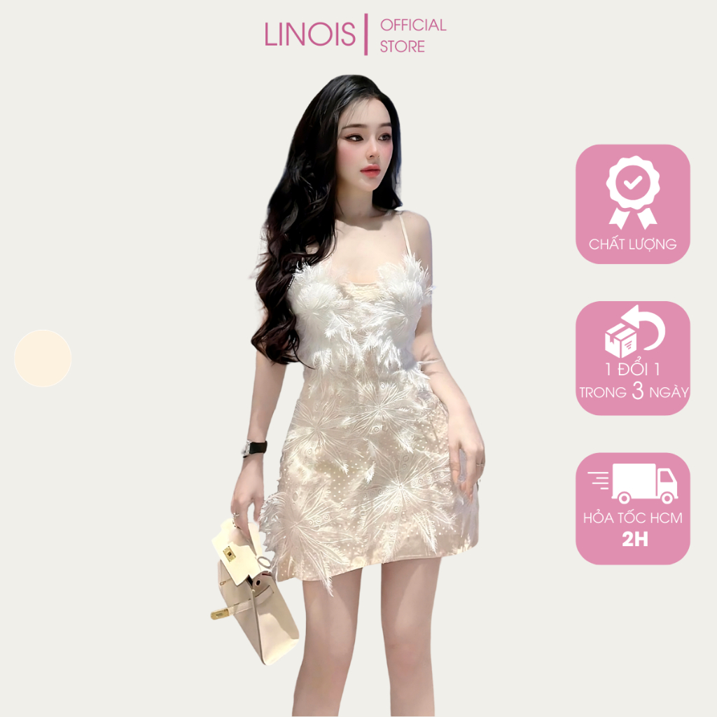 [RL35] Đầm Ren Body Dự Tiệc 2 Dây Đính Hoa Tuyết Lông Tua Rua - Vải Ren - Màu Kem Phối Hoa Trắng Đi Chơi, Du Lịch LINOIS