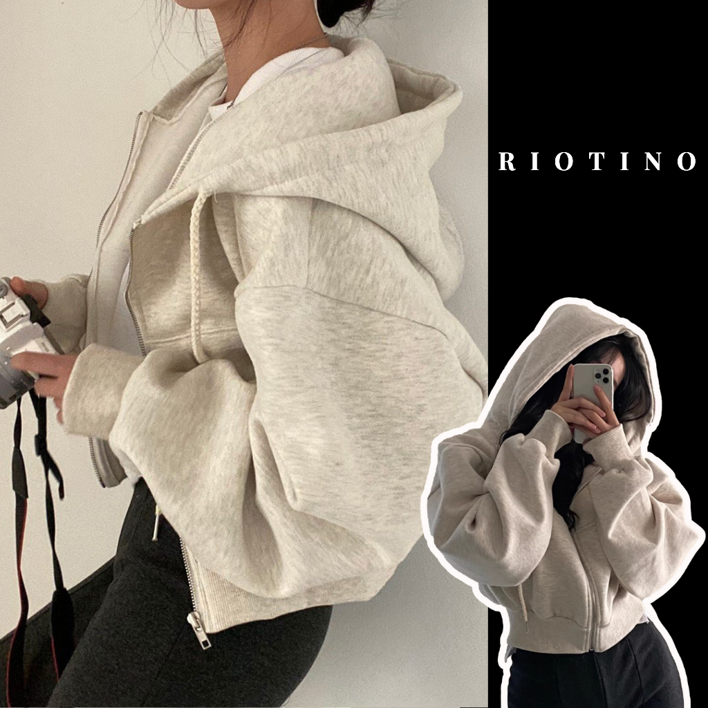 Áo khoác nỉ croptop RIOTINO dáng rộng siêu xinh phong cách Hàn Quốc, Áo khoác thu đông nữ hoodie zip