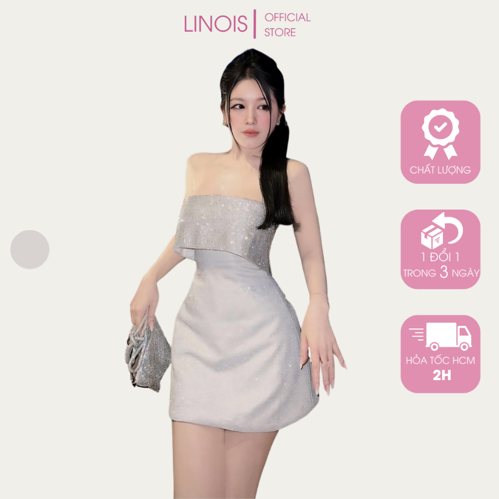 [NH05] Đầm Body Nhũ Dự Tiệc Gập Vạt Ngực Kim Tuyến 2 Dây Trong Suốt - Vải Nhũ Ánh Kim - Màu Bạc Phù Hợp Đám Cưới LINOIS