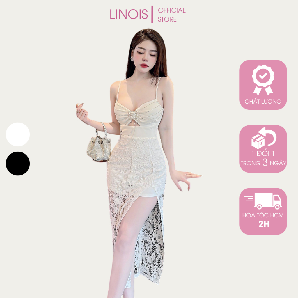 [RL26] Đầm Ren Body Dự Tiệc, Dạ Hội 2 Dây Ngực Nơ Kết Đá Chân Váy Xẻ Đùi - Vải Ren + Thun Umi - 2 Màu Trắng, Đen LINOIS