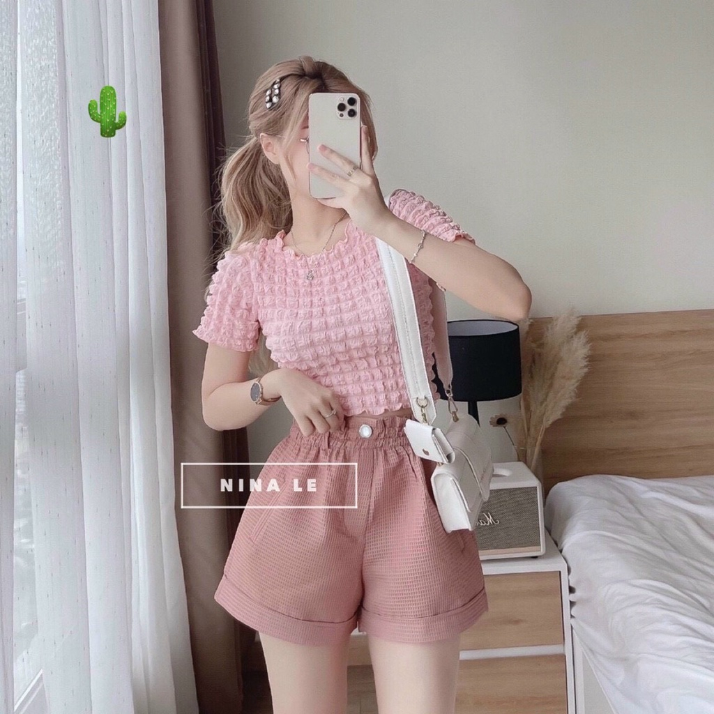 Áo croptop nữ chất xốp phồng nổi ô vuông