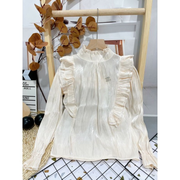 Áo sơ mi cổ trụ bèo lụa óng tay nhún bo ( Đọc Mô Tả Trước Khi mua )