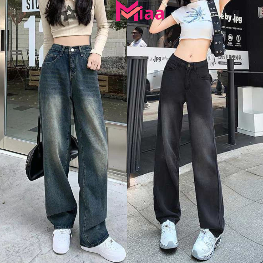 Quần jean ống suông rộng nữ  MIAA cạp cao ôm eo màu RETRO, quần bò jeans dáng dài ống rộng phong các