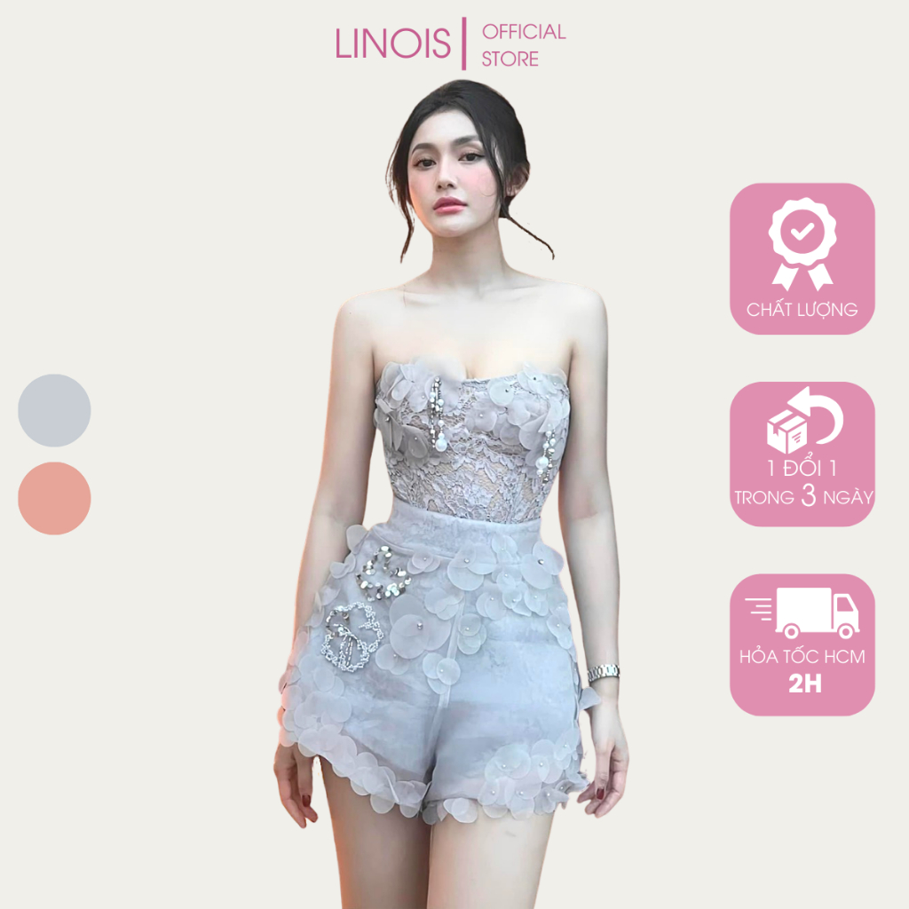 [RL41] Set Cúp Ngực Dự Tiệc Kết Hoa Nổi Đính Đá Quần Short Lưng Cao - Vải Ren Hoa + Lót - 2 Màu Xám Xanh, Cam Đào LINOIS