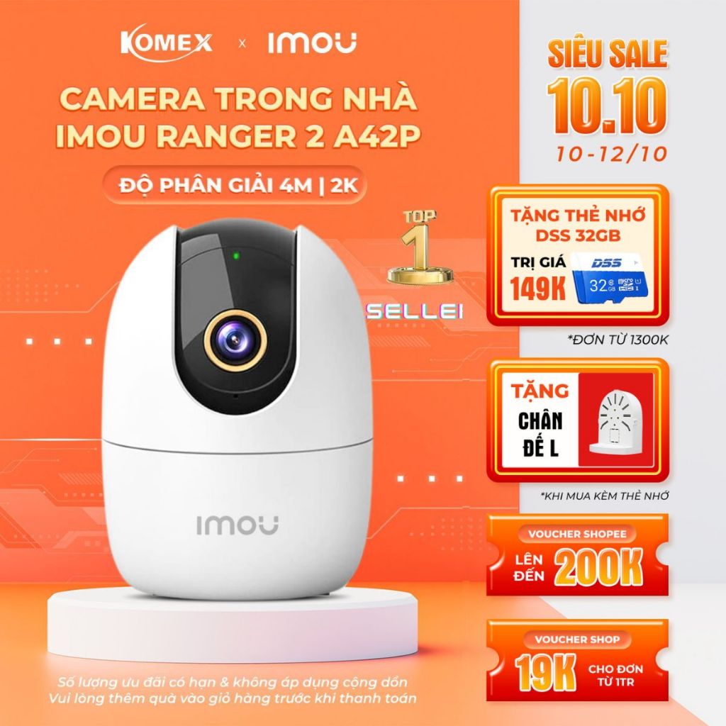 Camera wifi trong nhà imou ranger 2 A42 4M đàm thoại 2 chiều có cảnh báo chuyển động và còi báo hú h