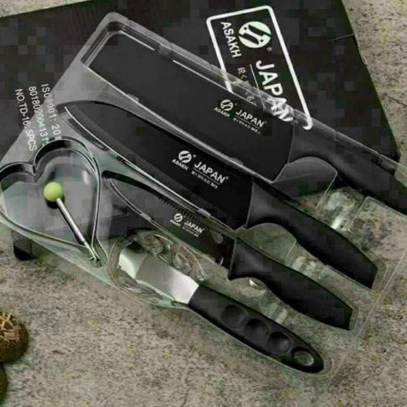 Bộ Dao 5 Món JAPAN ASAKH Bằng Thép Không Gỉ Đen Nhám Cao Cấp