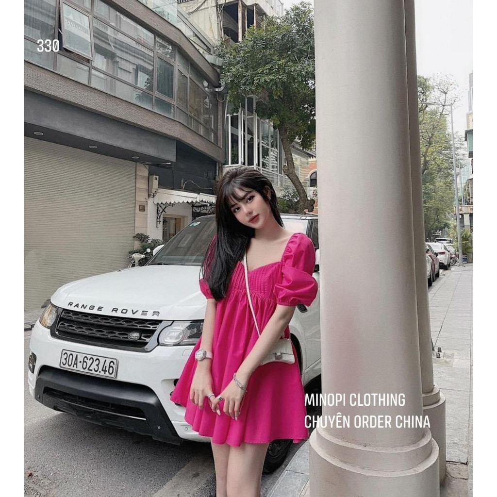 váy cổ vuông nhún ngực bo tay dáng ngắn