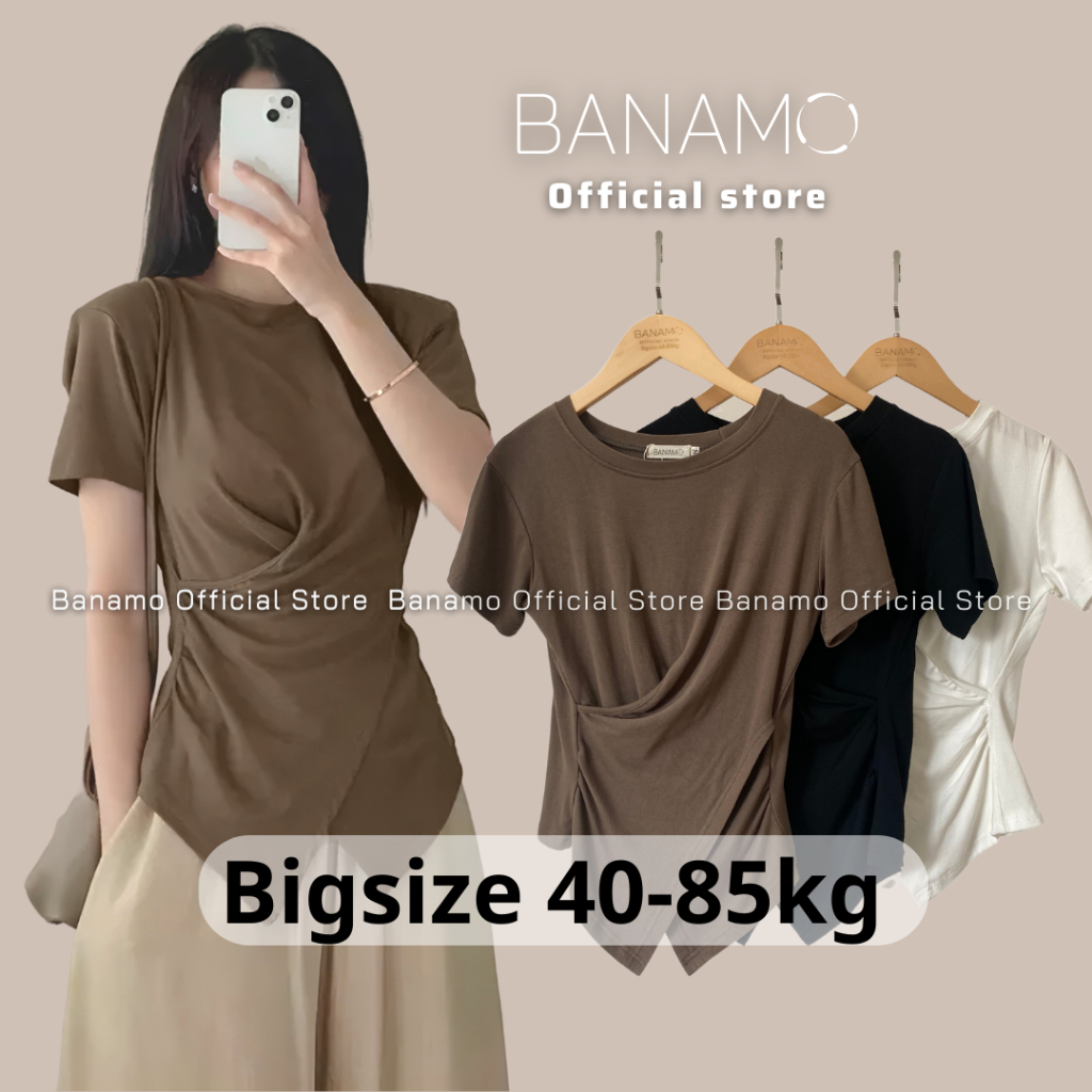 Áo thun nữ Banamo Fashion áo thun trơn cổ tròn nhúm eo vạt chéo có bigsize 3112