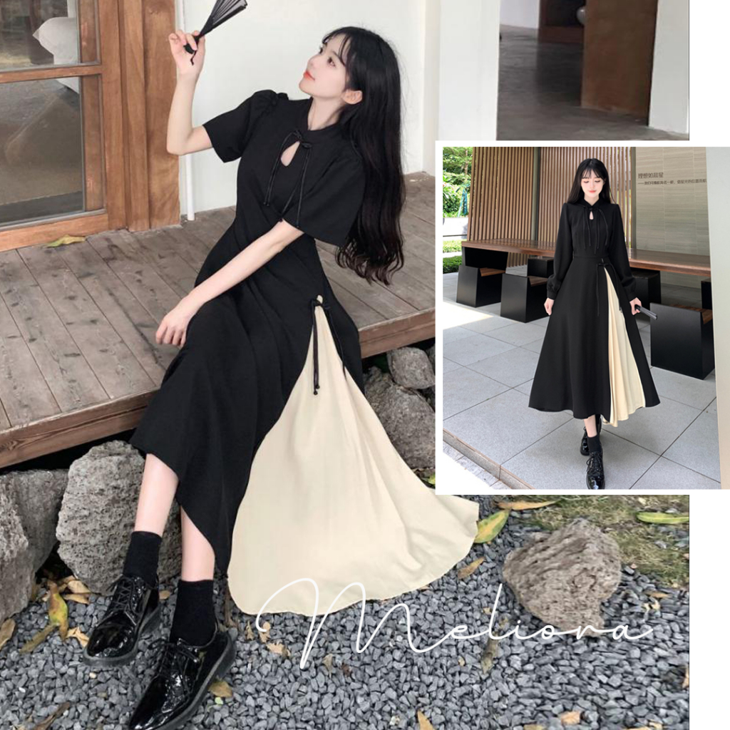 Đầm đen sườn xám Trung Hoa ⚡ SẴN⚡màu đen chân váy xòe phối trắng xinh xắn
