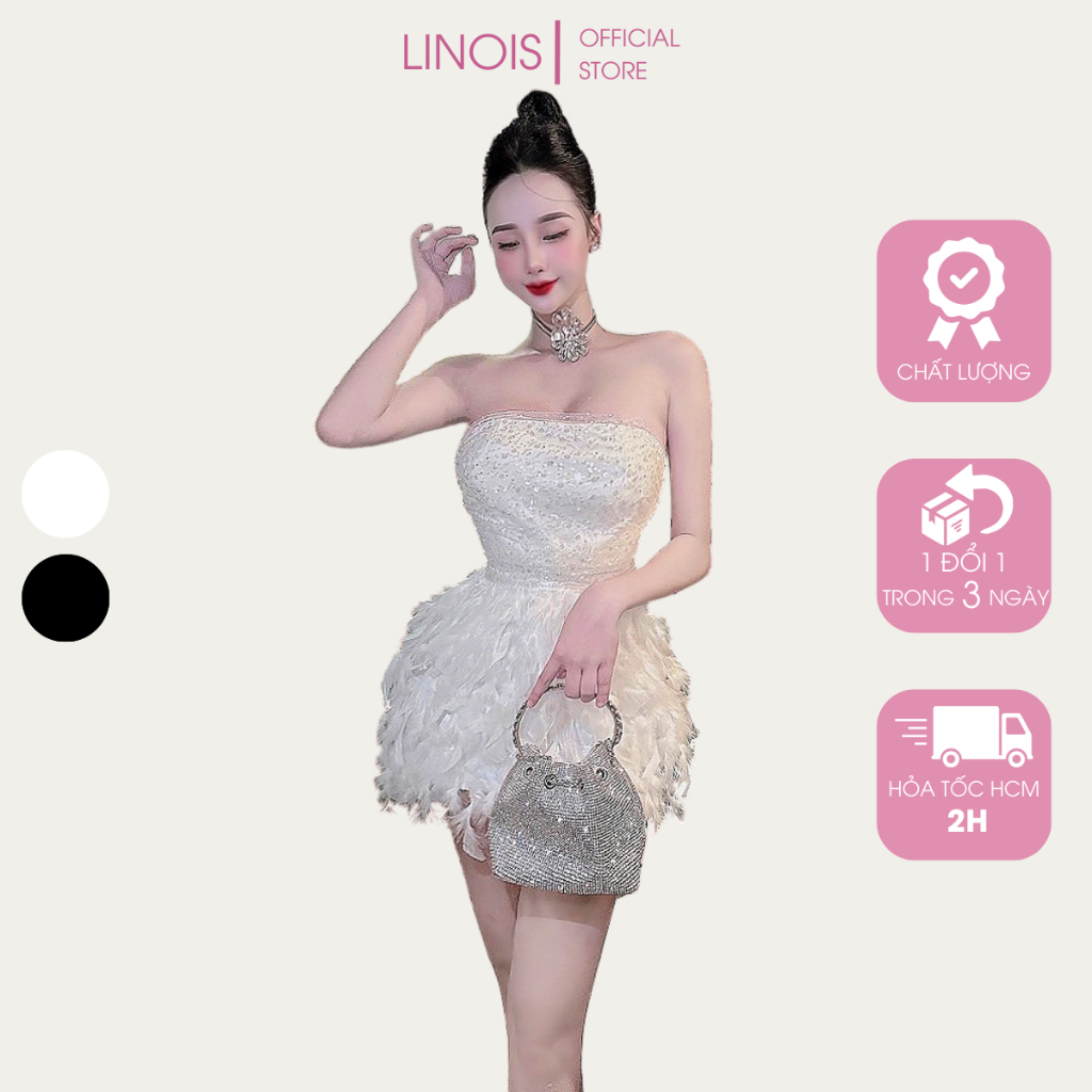 [LO07] Đầm Dự Tiệc Cúp Ngực Lông Vũ Phối Lưới Đính Kim Tuyến Hạt Tròn - Vải Lông + Lưới + Lót - 2 Màu Trắng, Đen LINOIS