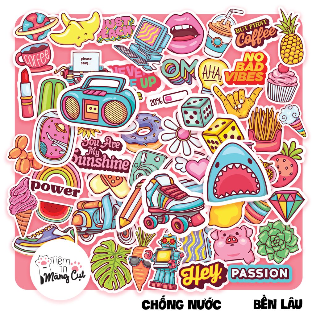 Combo Hơn 50 Stickers Đồ Vật Dễ Thương, Dán Laptop, Điện Thoại