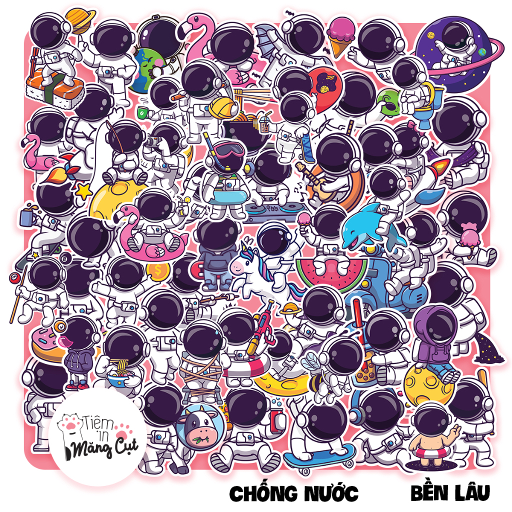 Set 50 Stickers Phi Hành Gia Astronault Dán Trang Trí Laptop, Điện Thoại